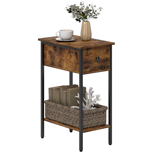 HOMCOM Beistelltisch Schmal Couchtisch mit Schublade, Ablage, Industrie Nachttisch für Wohnzimmer, Schlafzimmer, 25 x 39,8 x 58,2 cm, Rustikal-Braun von HOMCOM