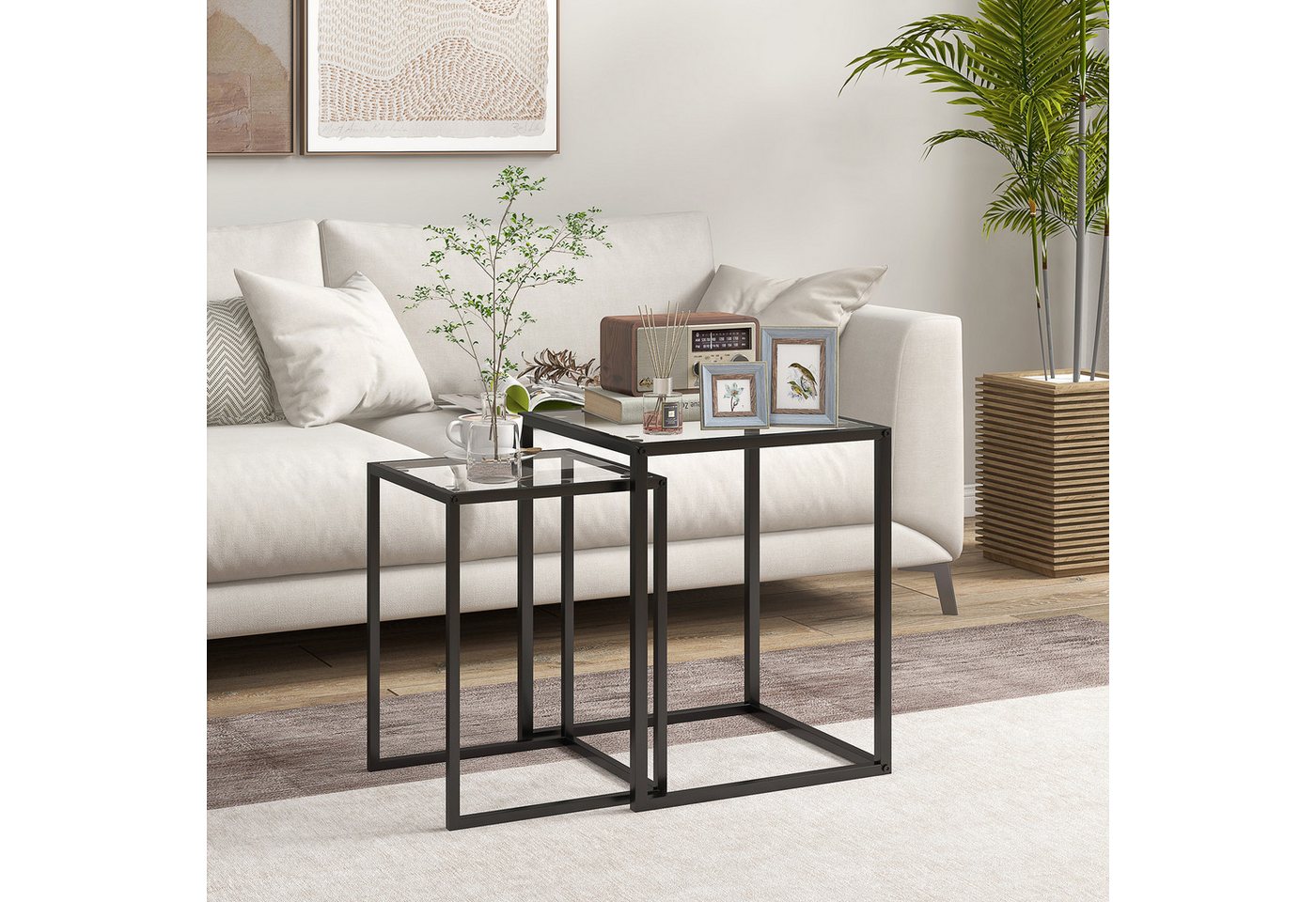 HOMCOM Beistelltisch Stapelbarer Couchtisch mit Stahlrahmen (Wohnzimmertisch, 2-St., Kaffeetisch), für Wohnzimmer, Schlafzimmer, Schwarz von HOMCOM