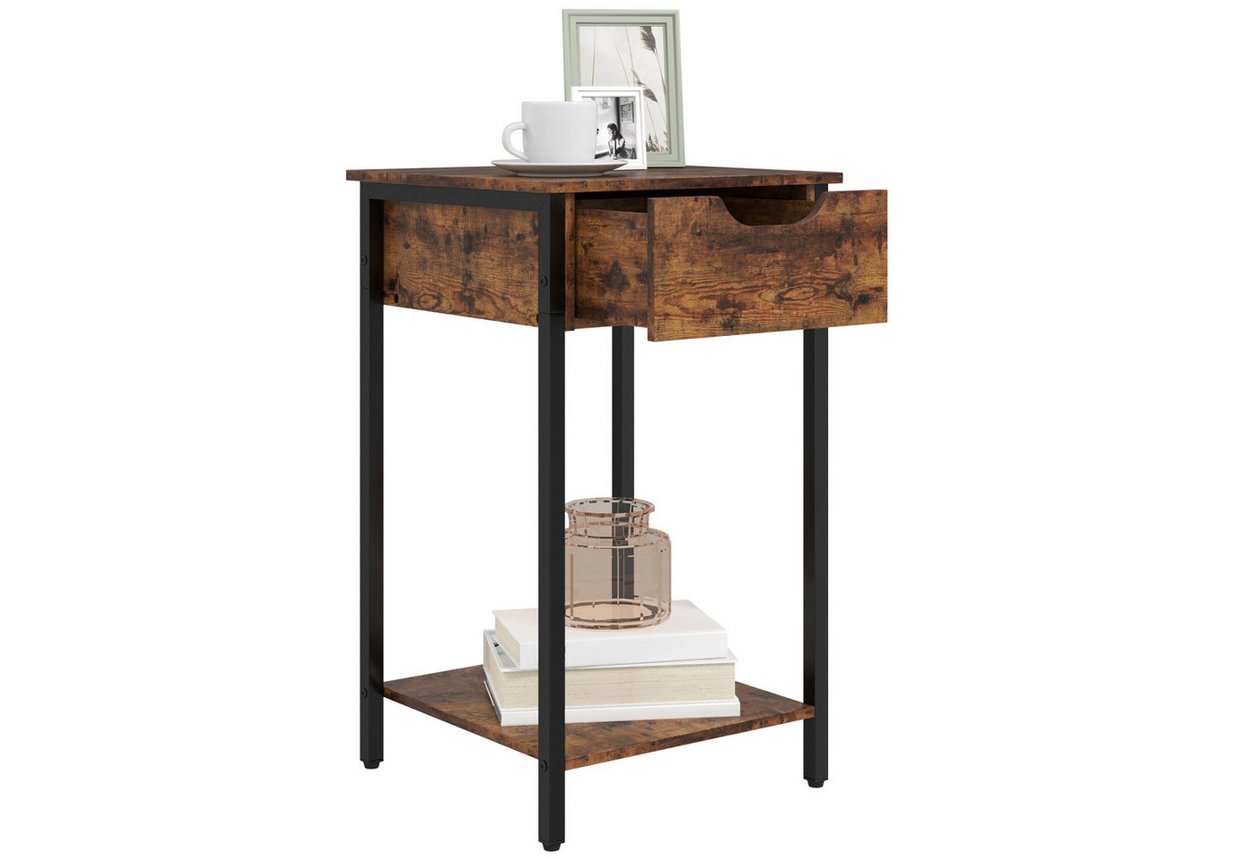 HOMCOM Beistelltisch im industriell Design, mit Stahlrahmen (Couchtisch, 1-St., Kaffeetisch), für Wohnzimmer, Schlafzimmer, 40 x 40 x 68 cm, Rustikales Braun von HOMCOM