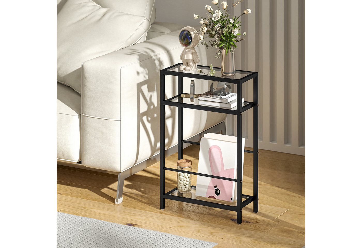 HOMCOM Beistelltisch kleiner Couchtisch mit 3 Ebenen, Tischplatte aus Hartglas (Sofatisch, 1-St., Modernes Nachttisch), für Wohnzimmer, Schlafzimmer, Schwarz von HOMCOM