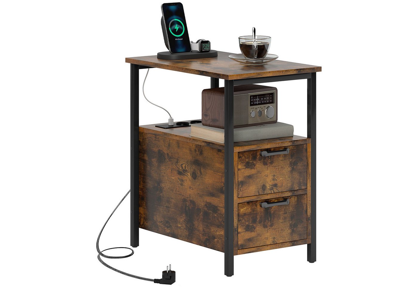 HOMCOM Beistelltisch mit Aufladestation, USB-Anschlüssen und Steckdosen (Sofatisch, 1-St., Nachttisch), für Wohnzimmer, Schlafzimmer, Rustikal-Braun von HOMCOM