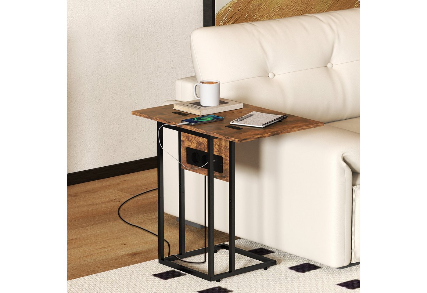 HOMCOM Beistelltisch mit Steckdosenleiste (Kaffeetisch, 1-St., Couchtisch), Klappbare Tischplatte, Rustikal-Braun von HOMCOM