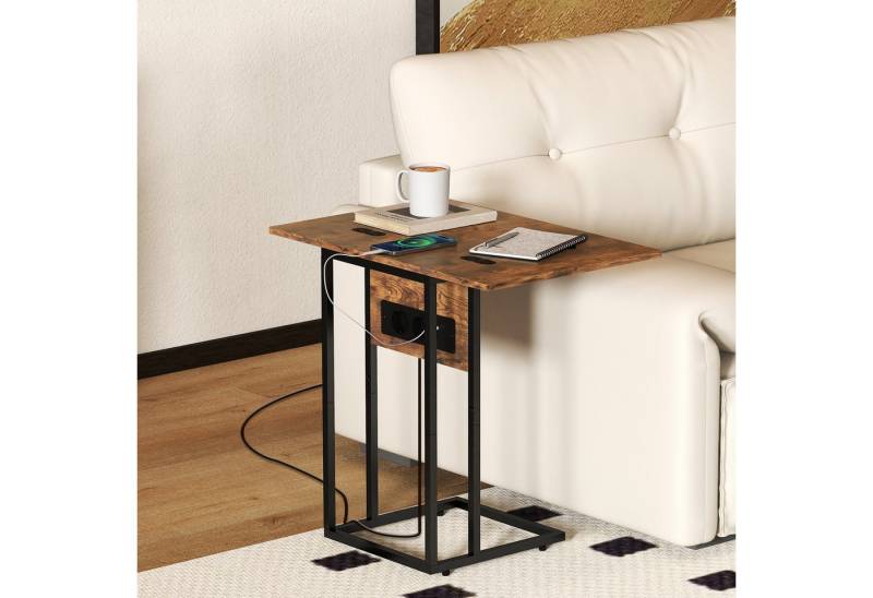 HOMCOM Beistelltisch mit Steckdosenleiste (Kaffeetisch, 1-St., Couchtisch), Klappbare Tischplatte, Rustikal-Braun von HOMCOM