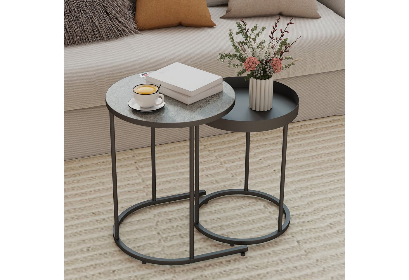 HOMCOM Beistelltisch mit Tablett-Design, Metallgestell (2er Set Wohnzimmertisch, 2-St., Runder Couchtisch), für Wohnzimmer Grau von HOMCOM