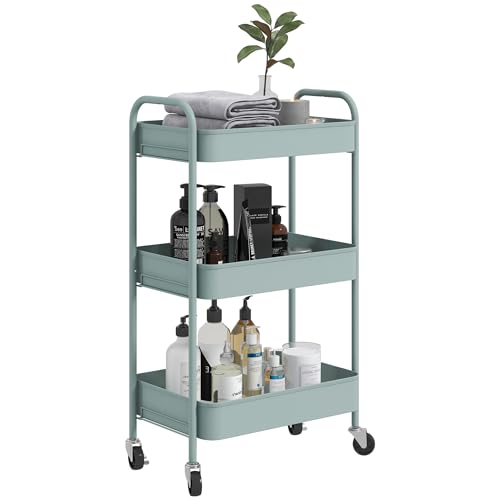HOMCOM Beistellwagen Aufbewahrungswagen aus Stahl Servierwagen mit Rollen 3 Ebenen Durchbrochene Platten - 45 x 30,6 x 79 cm - hellblau HOMCOM Beistellwagen Aufbewahrungswagen aus Stahl Servierwagen mit Rollen 3 Ebenen Durchbrochene Platten - 45 x 30,6 x 79 cm - hellblau von HOMCOM