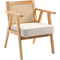 HOMCOM Sessel Wohnzimmer Relaxsessel mit Armlehnen, Sitzkissen, Loungesessel mit Rattan-Rückenlehne, Lesesessel mit Leinen-Optik, Holzrahmen, Polstersessel für Schlafzimmer Creme   Aosom von HOMCOM