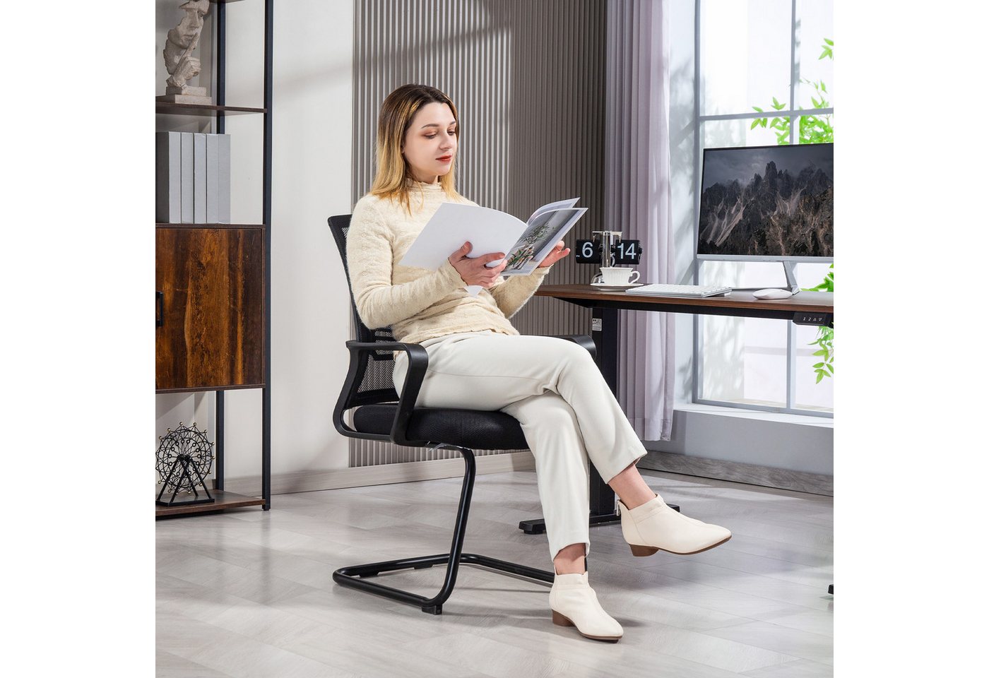 HOMCOM Besucherstuhl Kufenbasis, Schwingstuhl mit Armlehne (Konferenzstuhl, 1 St), für Arbeitszimmer, Büro, Schwarz von HOMCOM