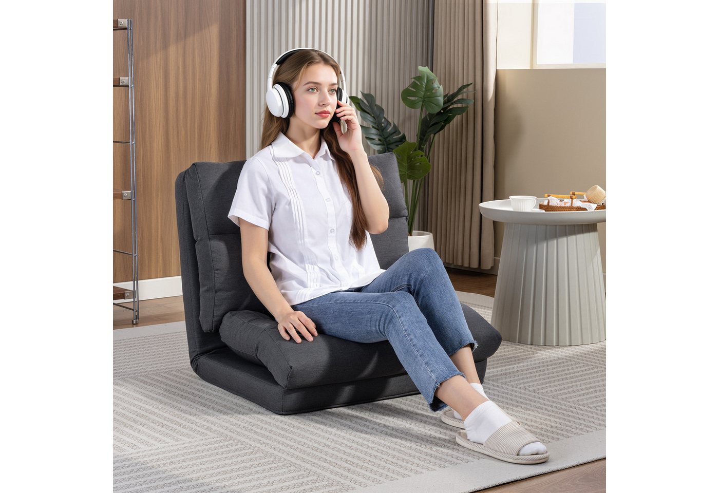 HOMCOM Bodenkissen mit Bettfunktion, Leinenoptik, für Wohnzimmer Schlafzimmer Dunkelgrau von HOMCOM