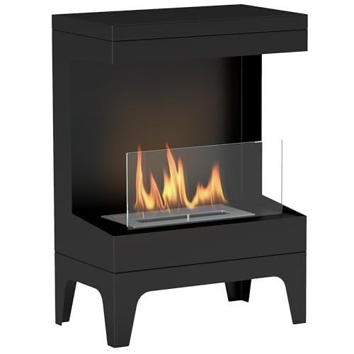 HOMCOM Bodenstehender Bioethanol-Kamin mit 0,9L Brenner für 3,3 Stunden, Stahl und Glas Bio-Kamin, Selbsttragende Ethanol-Kaminabdeckung 20㎡, 38x22x54 cm, Schwarz von HOMCOM