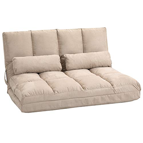 HOMCOM Bodenstuhl 2-in-1 Bodensessel Bett mit Rückenlehne 3 Positionen Verstellbare Sitzkissen Beige Samt Metall 102 x 73 x 60 cm von HOMCOM