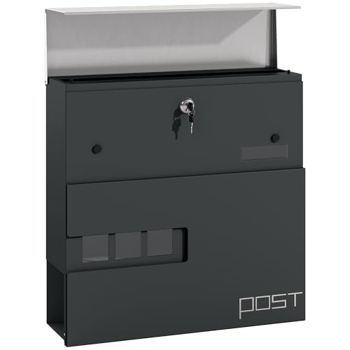 HOMCOM Briefkasten Wandbriefkasten aus Stahl mit Sichtfenster, Schloss, Kupferkern, Postkasten für Outdoor, 37 x 10,5 x 37 cm, Dunkelgrau von HOMCOM