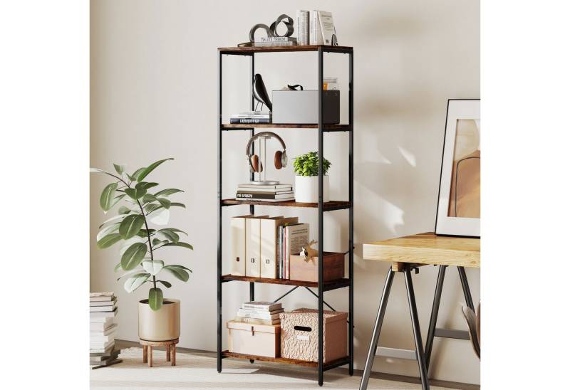HOMCOM Bücherregal Standregal mit 5 Ebenen, 4 offenen Fächern, Metallrahmen, Standregal mit 5 Ebenen 1-tlg., für Wohnzimmer, Büro, Arbeitszimmer, 79x35x161cm, Rustikal-Braun HOMCOM Bücherregal Standregal mit 5 Ebenen, 4 offenen Fächern, Metallrahmen, Standregal mit 5 Ebenen 1-tlg., für Wohnzimmer, Büro, Arbeitszimmer, 79x35x161cm, Rustikal-Braun von HOMCOM