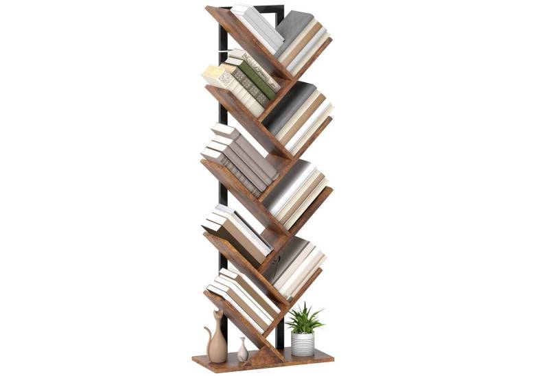 HOMCOM Bücherregal mit 9 Ebenen, im Baumform, Aufbewahrungsregal 1-tlg., für Wohnzimmer, Schlafzimmer, Büro, Rustikal Braun von HOMCOM