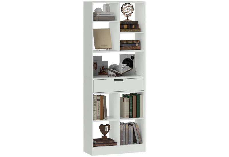 HOMCOM Bücherregal mit 9 Regalen, 1 Schublade, mit Anti-Kippsicherung, Standregal 1-tlg., für Wohnzimmer, Büro, 60 x 26 x 158 cm, Weiß von HOMCOM