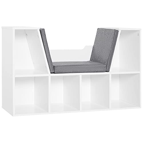 HOMCOM Bücherregal mit Sitzhocker Sitzbank Sitzbänke & -truhen mit 6 Stauräumen für Aufbewahrung Sitzbar mit Kissen Spanplatte Schaumstoff Leinen Weiß+Grau 102 × 30 × 61 cm von HOMCOM