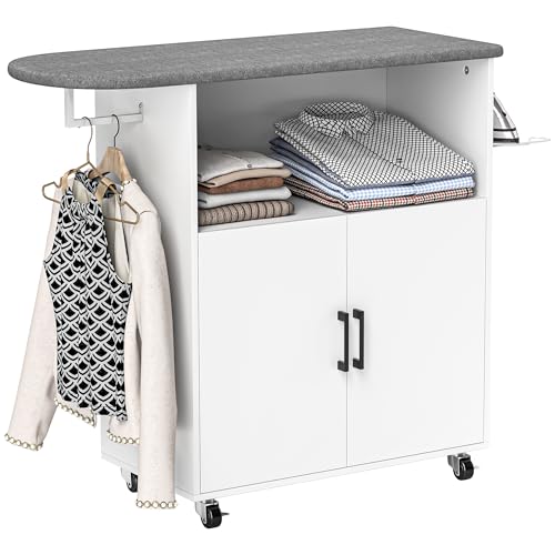 HOMCOM Bügelschrank auf Rädern Bügelbrett mit Hängebügel Offene Ablage und Bügelbrett 125x43,5x102,5 cm Weiß von HOMCOM
