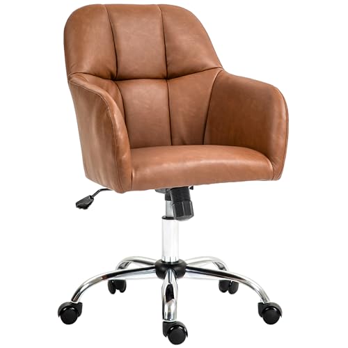 HOMCOM Bürostuhl, Bürostuhl, Schminkstuhl, Rollstuhl, höhenverstellbar und Wippfunktion, Drehstuhl aus synthetischem Bezug für Büro, Schlafzimmer oder Wohnzimmer, Braun von HOMCOM
