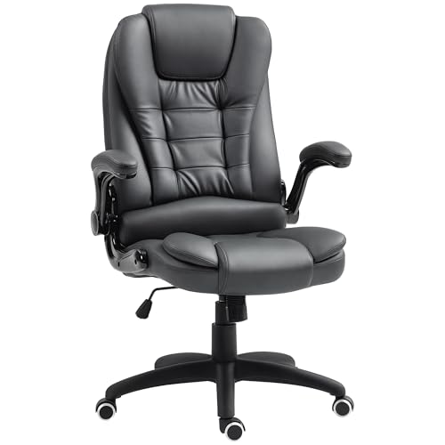 HOMCOM Bürostuhl, Ergonomischer Schreibtischstuhl mit hochklappbarer Armlehne, Höhenverstellbarer Drehstuhl mit Wippfunktion, Kunstleder, Gepolstert Computerstuhl, Chefsessel, Dunkelgrau von HOMCOM