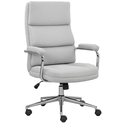 HOMCOM Bürostuhl, ergonomischer Bürostuhl mit Einstellbarer Höhe, Wippfunktion, Leinenstoff, Computerstuhl für Schlafzimmer, Telearbeit, Belastung 120 Kg, hellgrau von HOMCOM