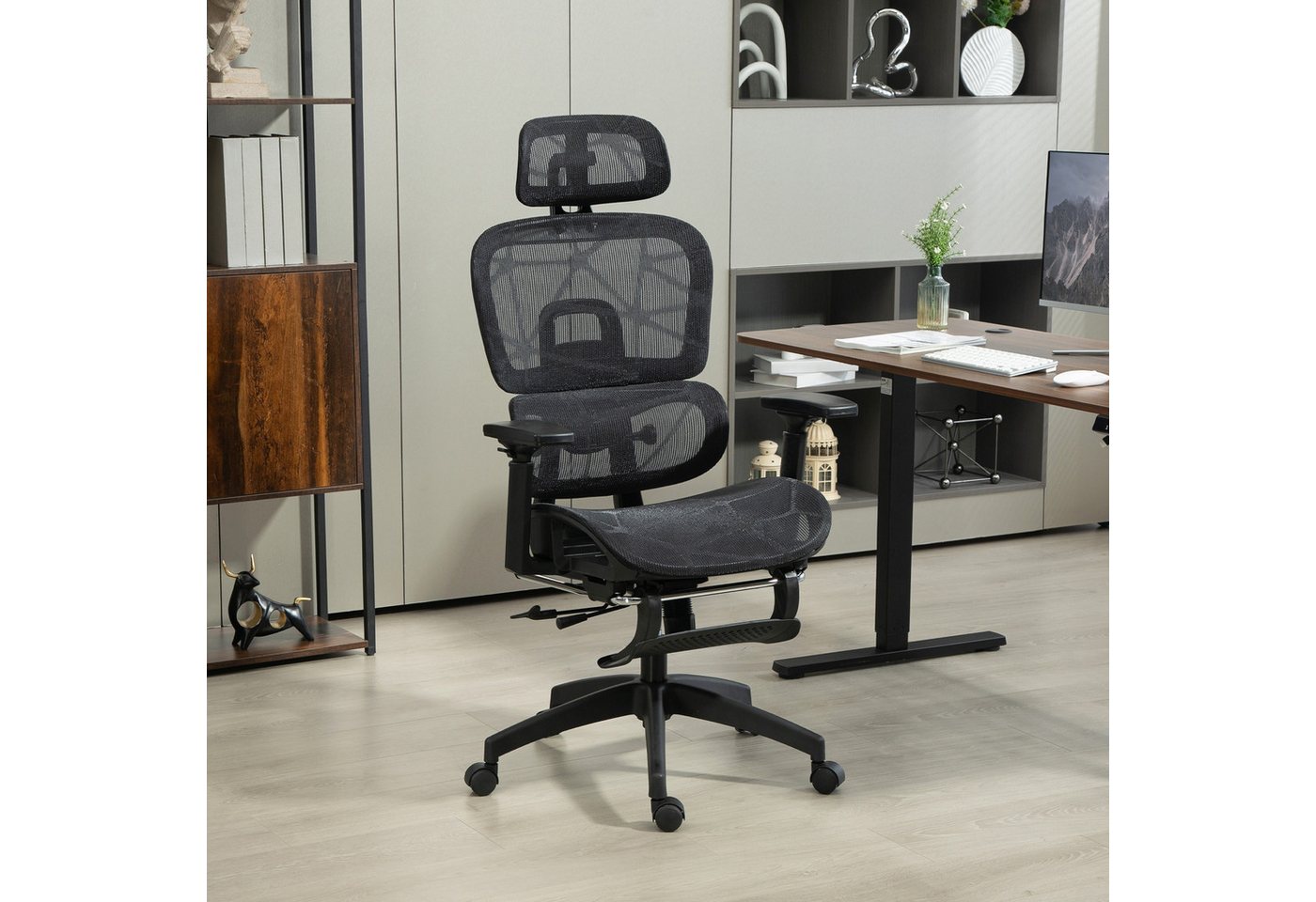 HOMCOM Bürostuhl Ergonomischer Schreibtischstuhl mit Armlehne, Kopfstütze (Höhenverstellbarer Mesh Drehstuhl, 1 St), mit Wippfunktion, Liegefunktion, Fußstütze Schwarz von HOMCOM