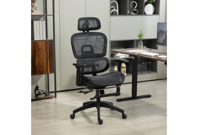 HOMCOM Bürostuhl Ergonomischer Schreibtischstuhl mit Armlehne, Kopfstütze (Höhenverstellbarer Mesh Drehstuhl, 1 St), mit Wippfunktion, Liegefunktion, Fußstütze Schwarz von HOMCOM