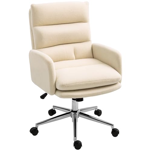 HOMCOM Bürostuhl Ergonomischer Schreibtischstuhl mit Armlehne, Lammwolle-Optik, Höhenverstellbarer Drehstuhl mit Wippfunktion, Gepolstert Home-Office-Stuhl, Cremeweiß von HOMCOM