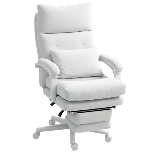 HOMCOM Bürostuhl Ergonomischer Schreibtischstuhl mit Lendenwirbelstütze, Hoher Rückenlehne, Fußstütze, Höhenverstellbarer Drehstuhl mit Leinenoptik, Gepolstert Computerstuhl, Cremeweiß von HOMCOM