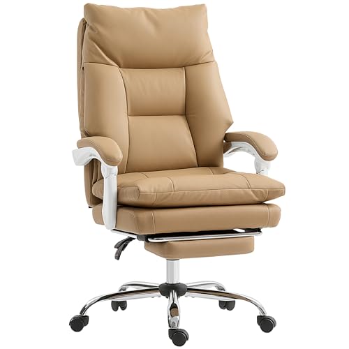 HOMCOM Bürostuhl Ergonomischer Schreibtischstuhl mit Lendenwirbelstütze, Klappbar Armlehne, Fußstütze, Höhenverstellbarer Drehstuhl mit Liegefunktion, Kunstleder, Gepolstert Computerstuhl, Hellbraun von HOMCOM