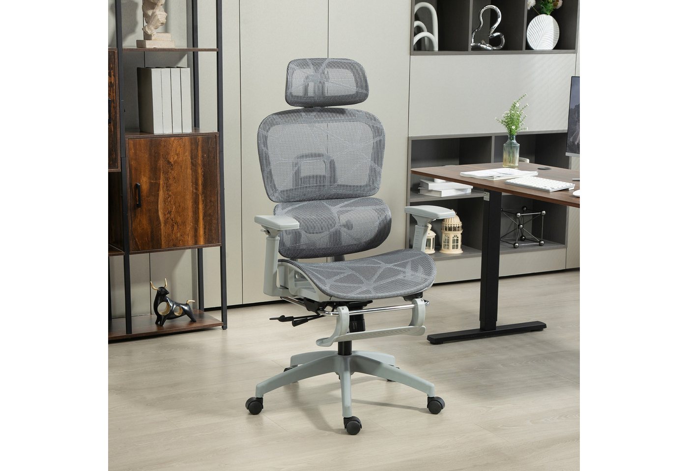HOMCOM Bürostuhl Höhenverstellbarer Mesh Drehstuhl mit Armlehne, Kopfstütze (Ergonomischer Schreibtischstuhl, 1 St), mit Wippfunktion, Liegefunktion, Fußstütze, Lendenwirbelstütze, Grau von HOMCOM