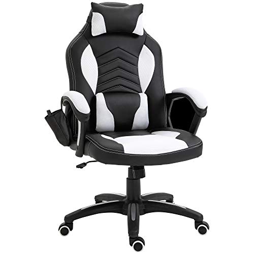 HOMCOM Bürostuhl Massagesessel Massagefunktion mit 6 Vibrationspunkte Ergonomischer Gaming Stuhl mit Wärmefunktion Kunstleder Weiß 68 x 69 x 108-117cm von HOMCOM