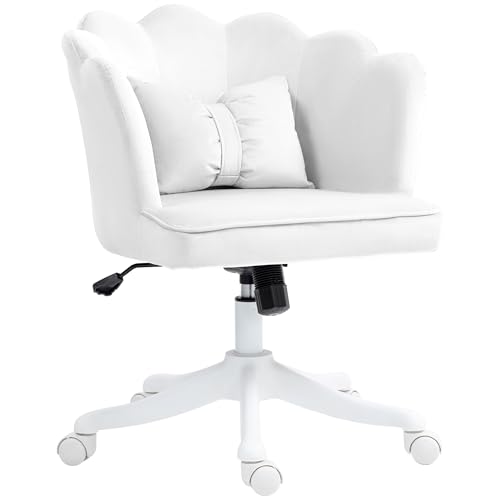 HOMCOM Bürostuhl Schreibtischstuhl mit Armlehne, Wippfunktion, Höhenverstellbar Kosmetikstuhl mit Samtoptik, Gepolstert Drehstuhl mit Breite Sitz für Schlafzimmer, Weiß von HOMCOM