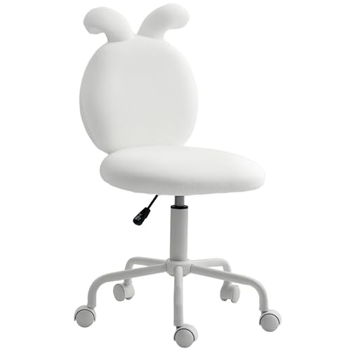 HOMCOM Bürostuhl Schreibtischstuhl mit Hasenohren, Höhenverstellbar Kosmetikstuhl mit Samtoptik, Drehstuhl ohne Armlehne Schminkstuhl für Schlafzimmer, Weiß von HOMCOM