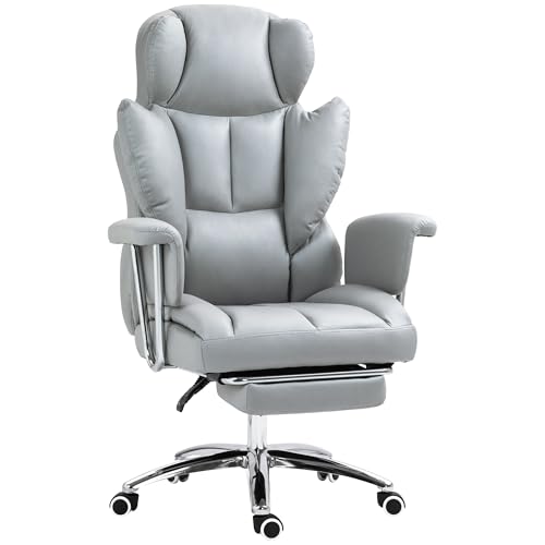 HOMCOM Bürostuhl mit Liegefunktion, ergonomisch Schreibtischstuhl, höhenverstellbar Drehstuhl mit Fußstütze, gepolstert, bis 120 kg belastbar, für Büro, Arbeitszimmer, Hellgrau von HOMCOM