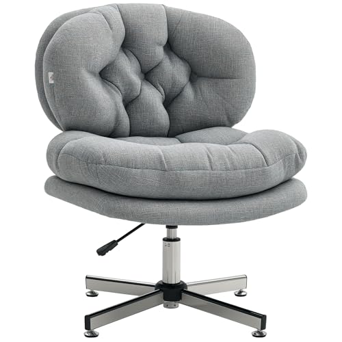 HOMCOM Bürostuhl ohne Armlehnen, Schreibtischstuhl mit breiter Sitzfläche, Ergonomisch höhenverstellbarer Drehstuhl, Leinenoptik, Schneidersitz-Stuhl für Homeoffice, Grau von HOMCOM