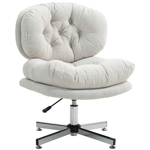 HOMCOM Bürostuhl ohne Armlehnen, Schreibtischstuhl mit breiter Sitzfläche, Ergonomisch höhenverstellbarer Drehstuhl mit Leinenoptik, Schneidersitz-Stuhl für Homeoffice, Cremeweiß von HOMCOM