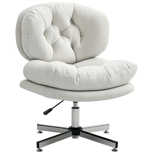 HOMCOM Bürostuhl ohne Armlehnen, Schreibtischstuhl mit breiter Sitzfläche, Ergonomisch höhenverstellbarer Drehstuhl mit Leinenoptik, Schneidersitz-Stuhl für Homeoffice, Cremeweiß von HOMCOM