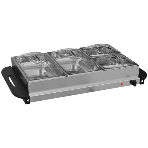 HOMCOM Buffetwärmer 6,8L Warmhalteplatte 300 Watt Edelstahl Speisewärmer mit Einstellbarer Thermostat Chafing Dish für Partys Buffets Familienessen von HOMCOM