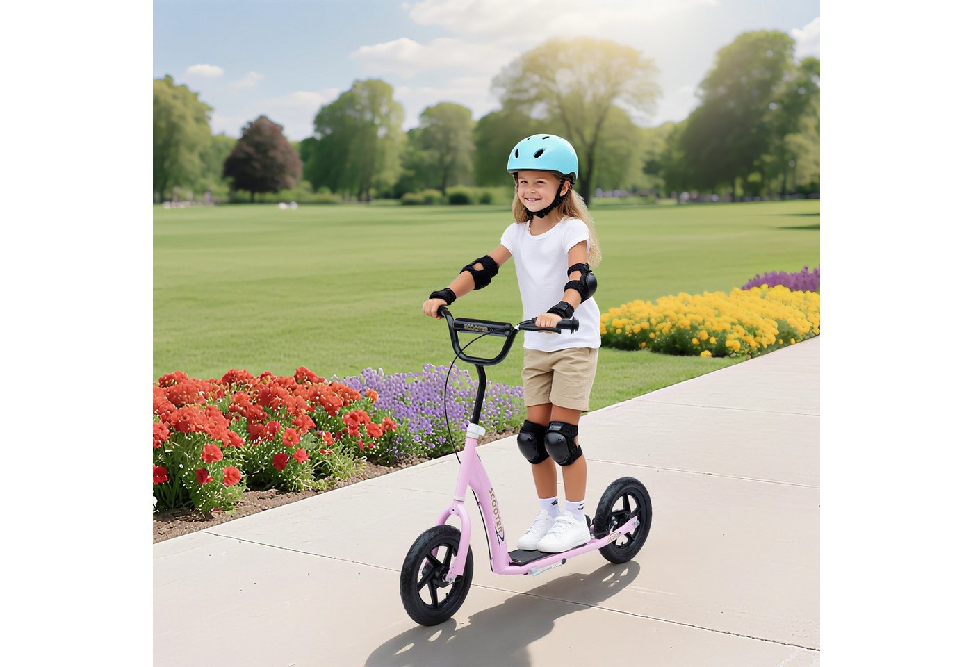 HOMCOM Cityroller Kickscooter mit Hinterbremse, Roller, Höhenverstellbar, (Tretroller, 1 tlg., Kinderroller), für Außenbereich, Rosa von HOMCOM