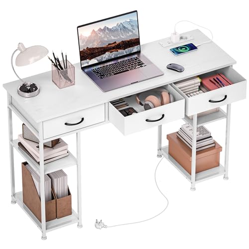 HOMCOM Computerschreibtisch mit 2 USB-Ladebuchsen und 2 Steckdosen, Schreibtisch mit Ablage 120 x 40 cm, verstellbaren Regalen und 3 Stoffschubladen, Arbeitsplatz, Stahlrahmen, weiß HOMCOM Computerschreibtisch mit 2 USB-Ladebuchsen und 2 Steckdosen, Schreibtisch mit Ablage 120 x 40 cm, verstellbaren Regalen und 3 Stoffschubladen, Arbeitsplatz, Stahlrahmen, weiß von HOMCOM