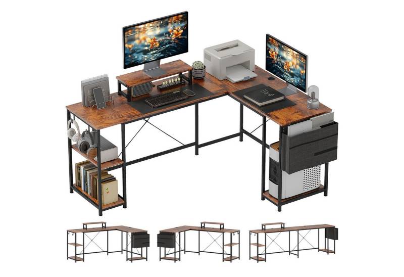 HOMCOM Computertisch Eckschreibtisch 168 x 120 cm mit Ablagefächern, Aufbewahrungstasche (Umkehrbar Computertisch mit Monitorständer, 1-St., GamingTisch), für Büro, Heimbüro, Rustikal-Braun von HOMCOM