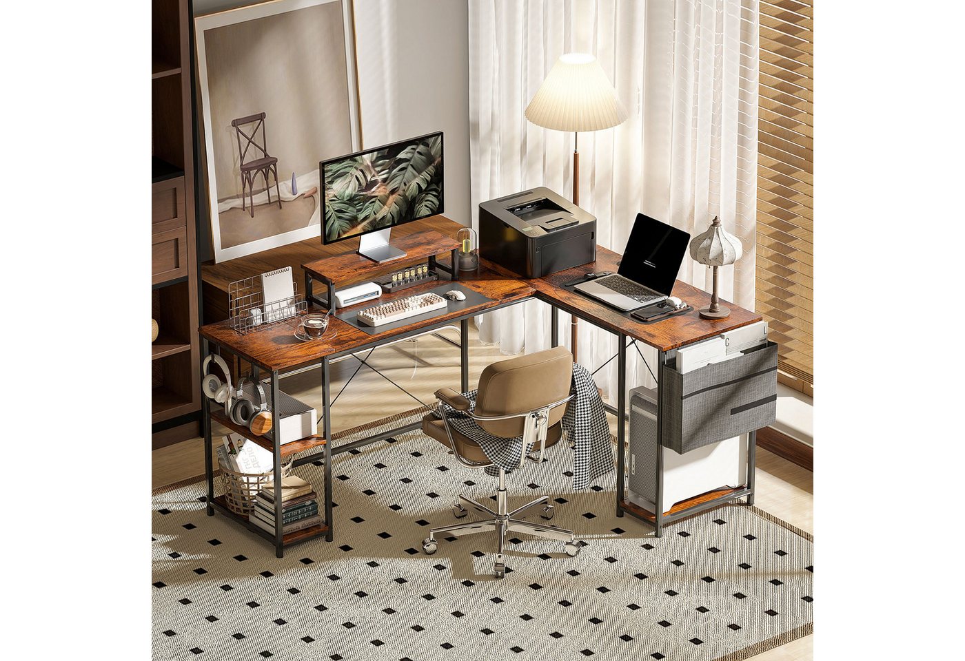 HOMCOM Computertisch Eckschreibtisch 168 x 120 cm mit Ablagefächern, Aufbewahrungstasche (Umkehrbar Computertisch mit Monitorständer, 1-St., GamingTisch), für Büro, Heimbüro, Rustikal-Braun von HOMCOM