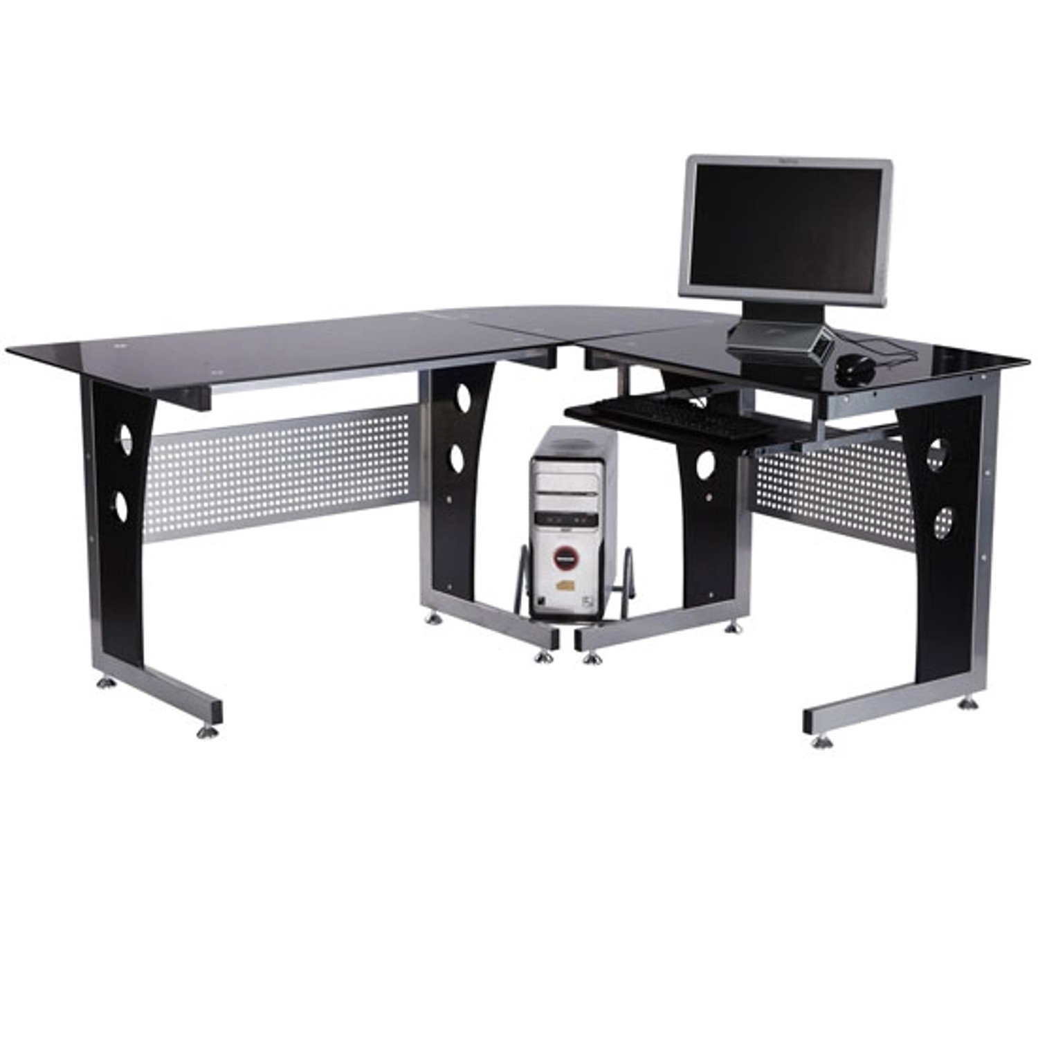 HOMCOM Computertisch MDF Eisen Gehärtetes Glas Schwarz 164L x 139B x 75H cm von HOMCOM