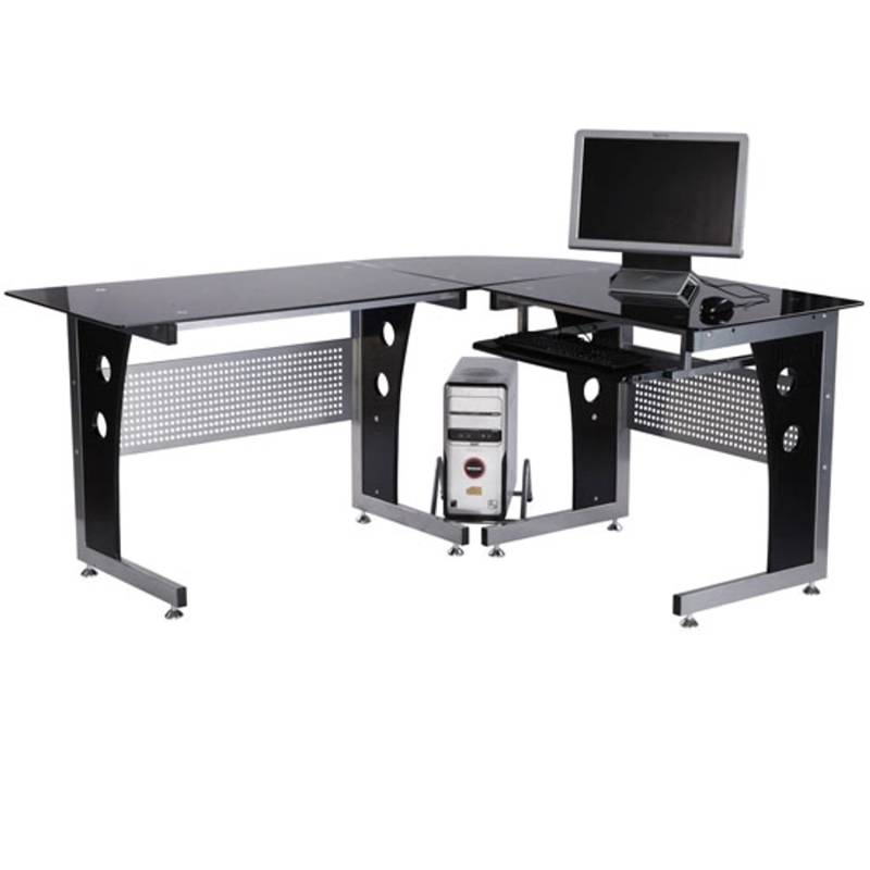 HOMCOM Computertisch MDF Eisen Gehärtetes Glas Schwarz 164L x 139B x 75H cm von HOMCOM