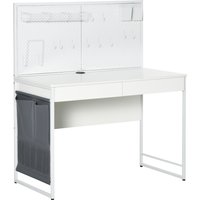 HOMCOM Schreibtisch mit Stofftasche  Computertisch, 2 Schubladen, Notizgitter, Gitterwand Haken, Stahl Spanplatte, Weiß+Grau, 110x58,5x127 cm  Aosom.de von HOMCOM