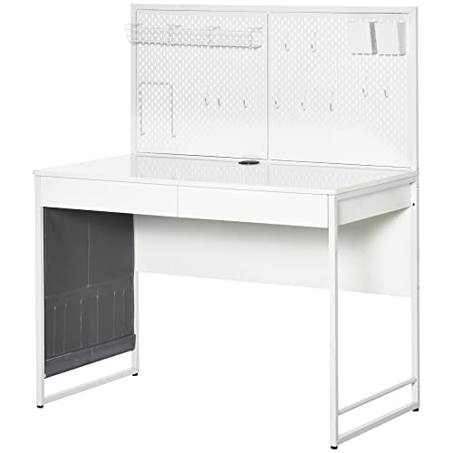 HOMCOM Computertisch Schreibtisch mit 2 Schubladen Notizgitter Stofftasche mit Gitterwand Haken Arbeitstisch Bürotisch Laptop Stahl Spanplatte Weiß+Grau 110 x 58,5 x 127 cm von HOMCOM