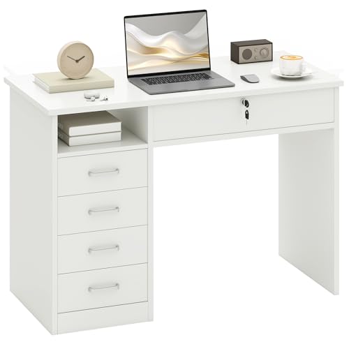 HOMCOM Computertisch Schreibtisch mit 5 Schubladen und Regal Bürotisch mit Schloss großer Arbeitsfläche Weiß 110 x 50 x 76 cm HOMCOM Computertisch Schreibtisch mit 5 Schubladen und Regal Bürotisch mit Schloss großer Arbeitsfläche Weiß 110 x 50 x 76 cm von HOMCOM