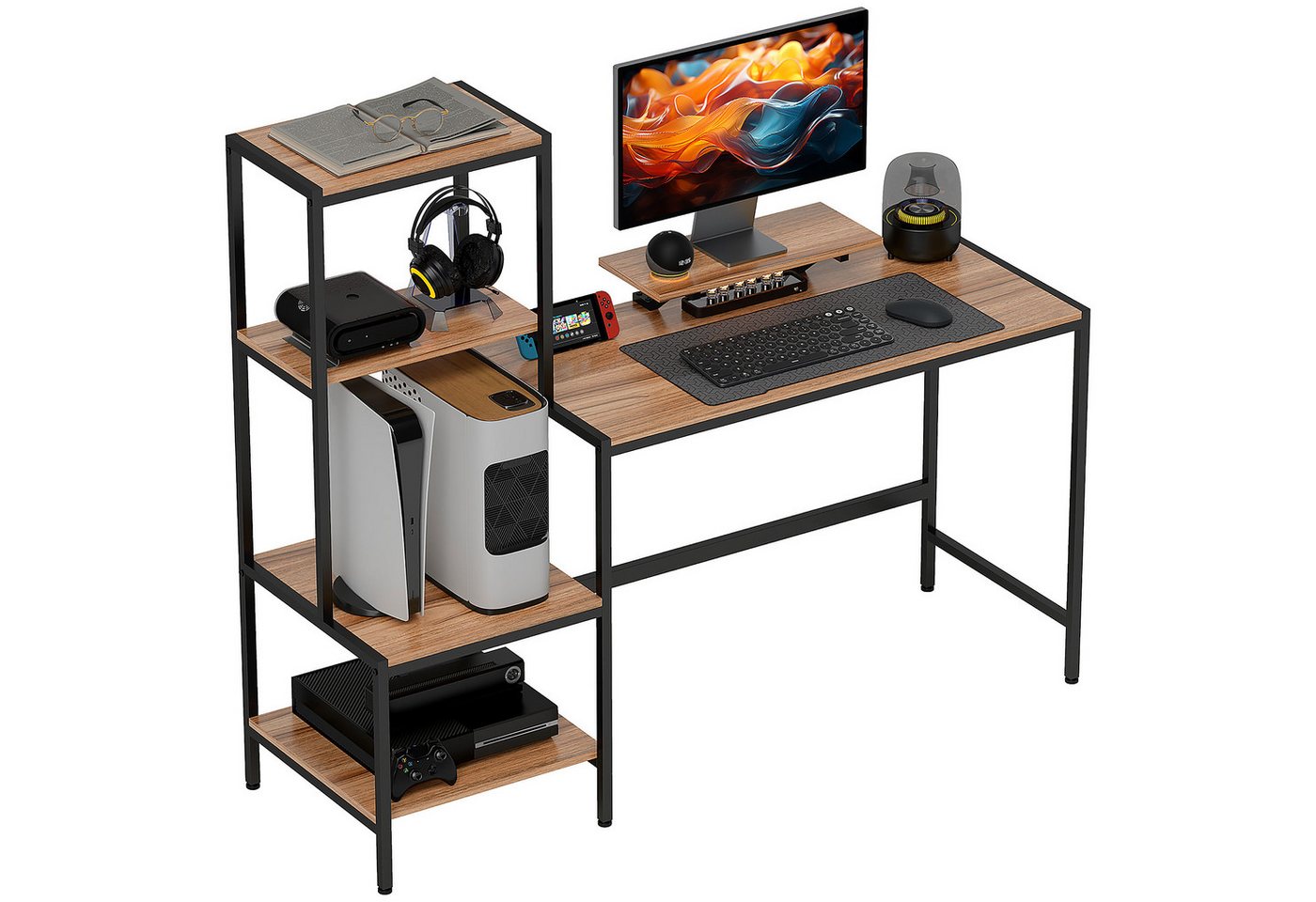HOMCOM Computertisch Schreibtisch mit Monitorständer, CPU-Ständer, Druckerablage (PC Tisch, 1-St., Bürotisch), für Home Office, 150 x 48 x 125 cm, Braun von HOMCOM