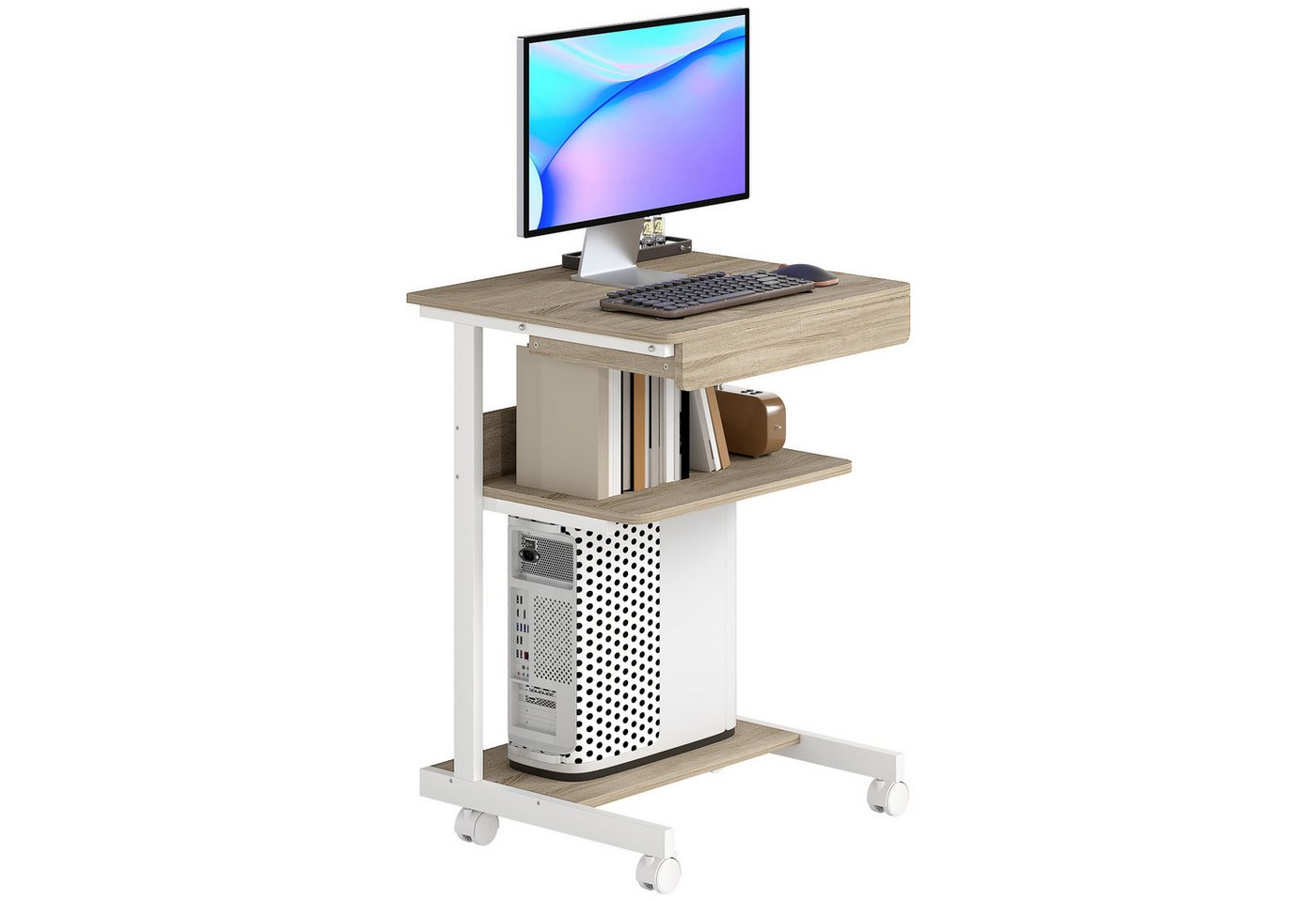 HOMCOM Computertisch Schreibtisch mit Rollen, Schublade (platzsparender Bürotisch, 1-St., PC Tisch), für Home Office, Schlafzimmer Eiche von HOMCOM