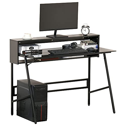 HOMCOM Computertisch Schreibtisch mit Zwei Ablagen moderner Gamingtisch mit gehärtetem Glasplatte Home-Office verstellbare Fußmatte Stahl Spanplatte Schwarz+Grau 115 x 55 x 90 cm von HOMCOM