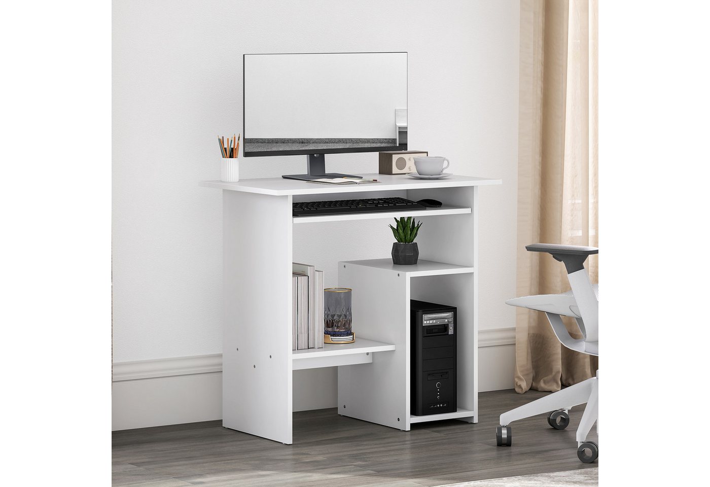 HOMCOM Computertisch mit Tastaturablage, offenen Fächern und Ablageflächen (Bürotisch, 1-St., Schreibtisch), 80 x 45 cm, für Home Office, Schlafzimmer, Weiß von HOMCOM